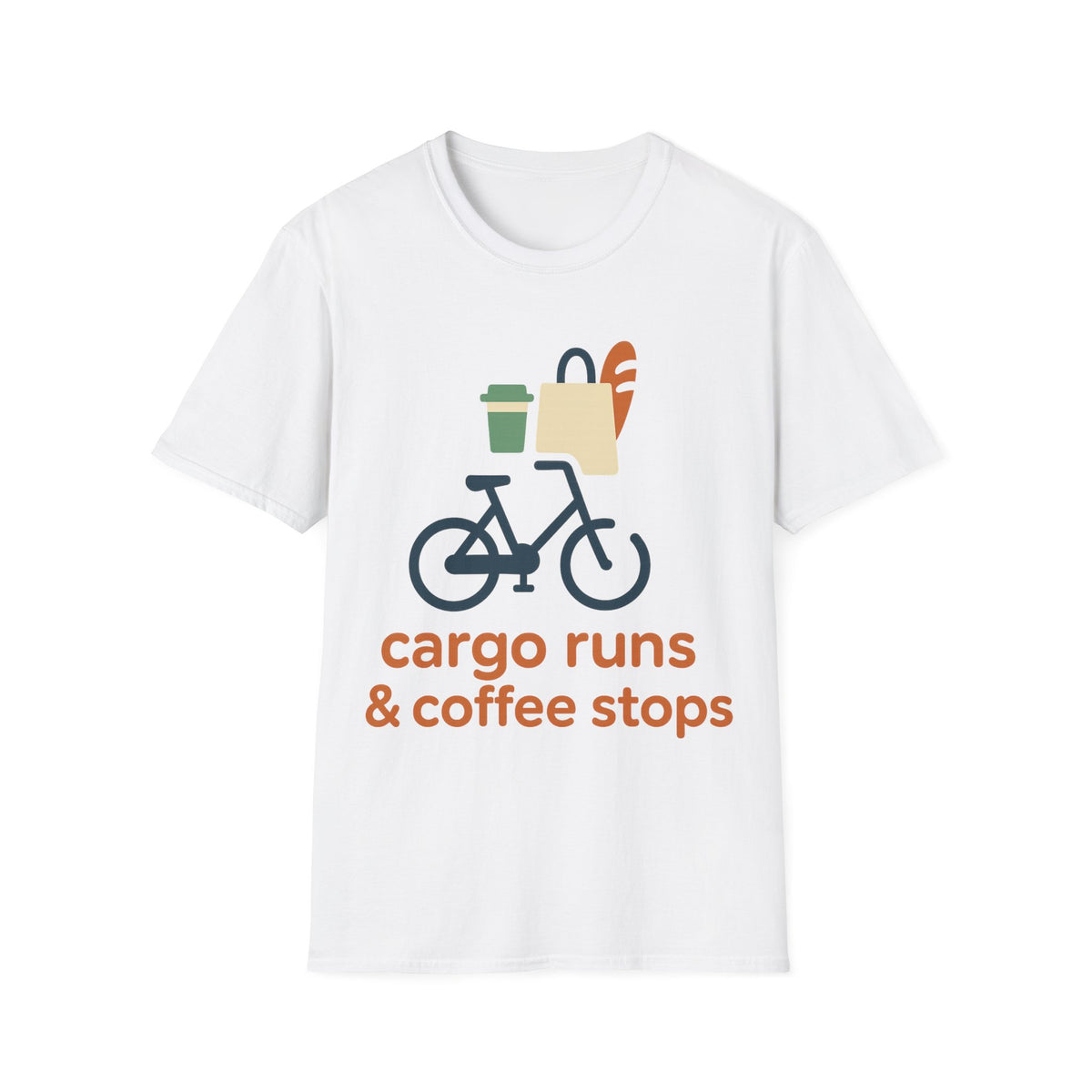 "Cargo Runs & Coffee Stops" Commuter Bicycle Graphic Tee - Aesthetic Cycling Grocery White T-Shirt - Trending Now - September 2026