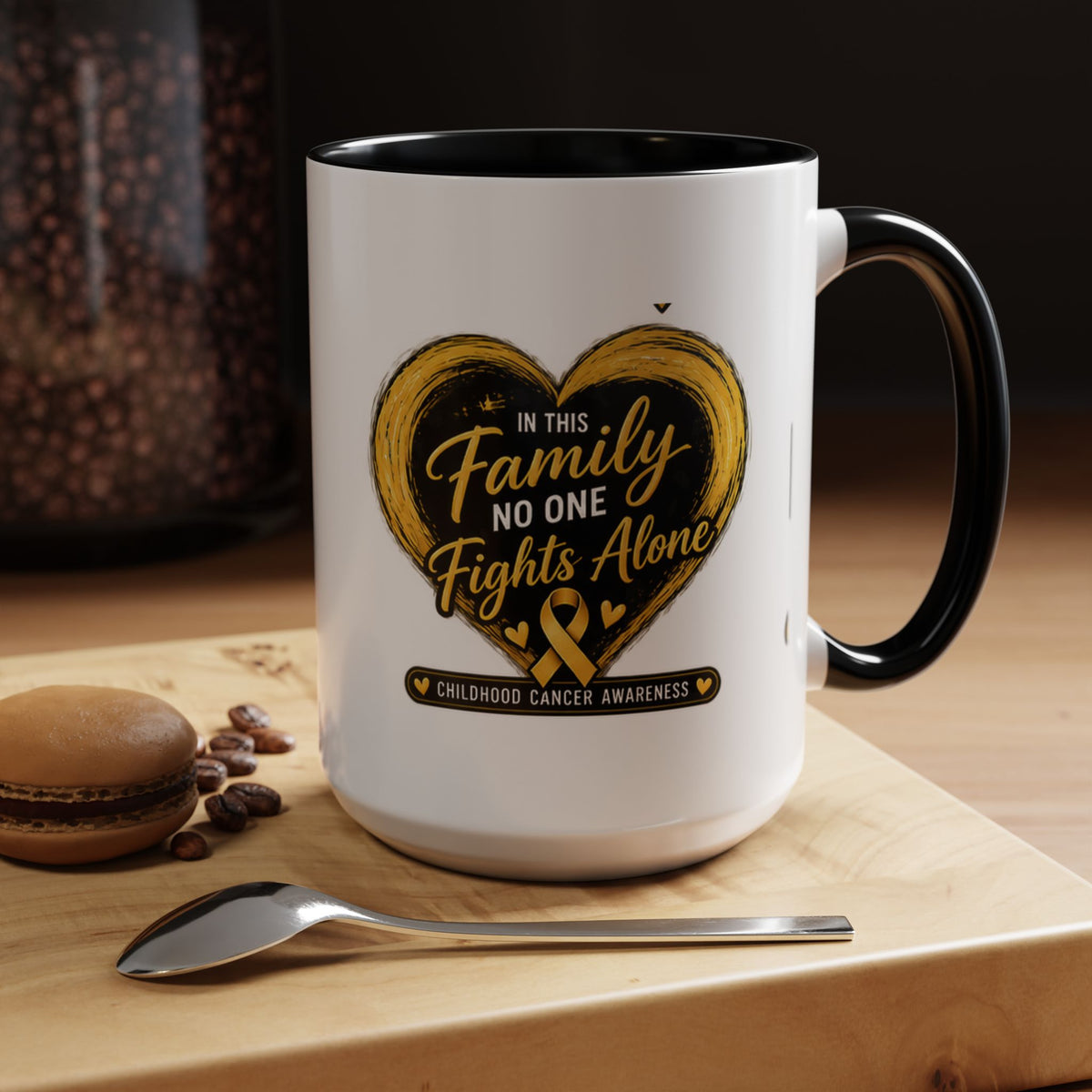 Childhood Cancer Awareness Accent Coffee Mug — "In This Family No One Fights Alone"