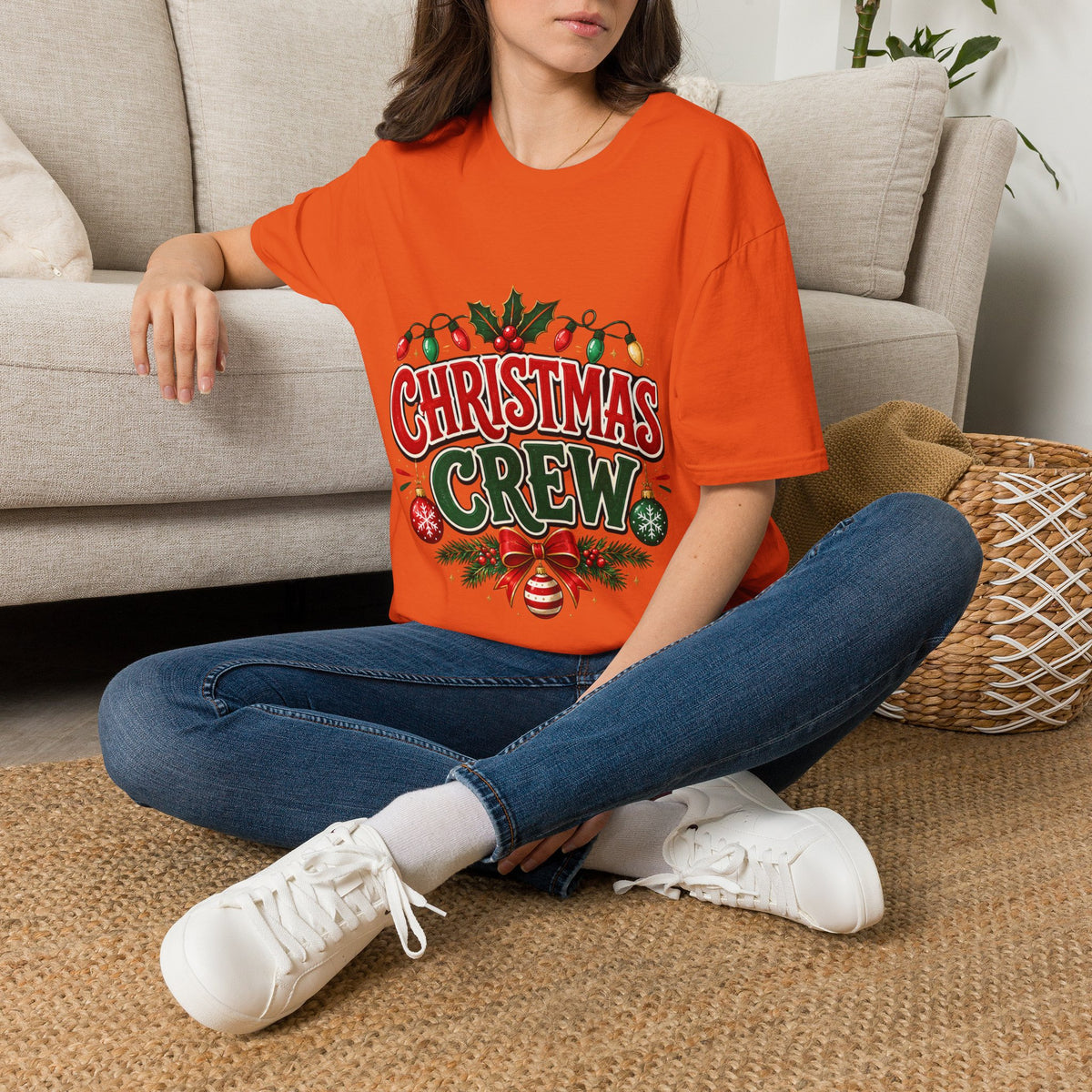 Christmas Crew T-Shirt — Festive Holiday Graphic Tee with Lights & Holly