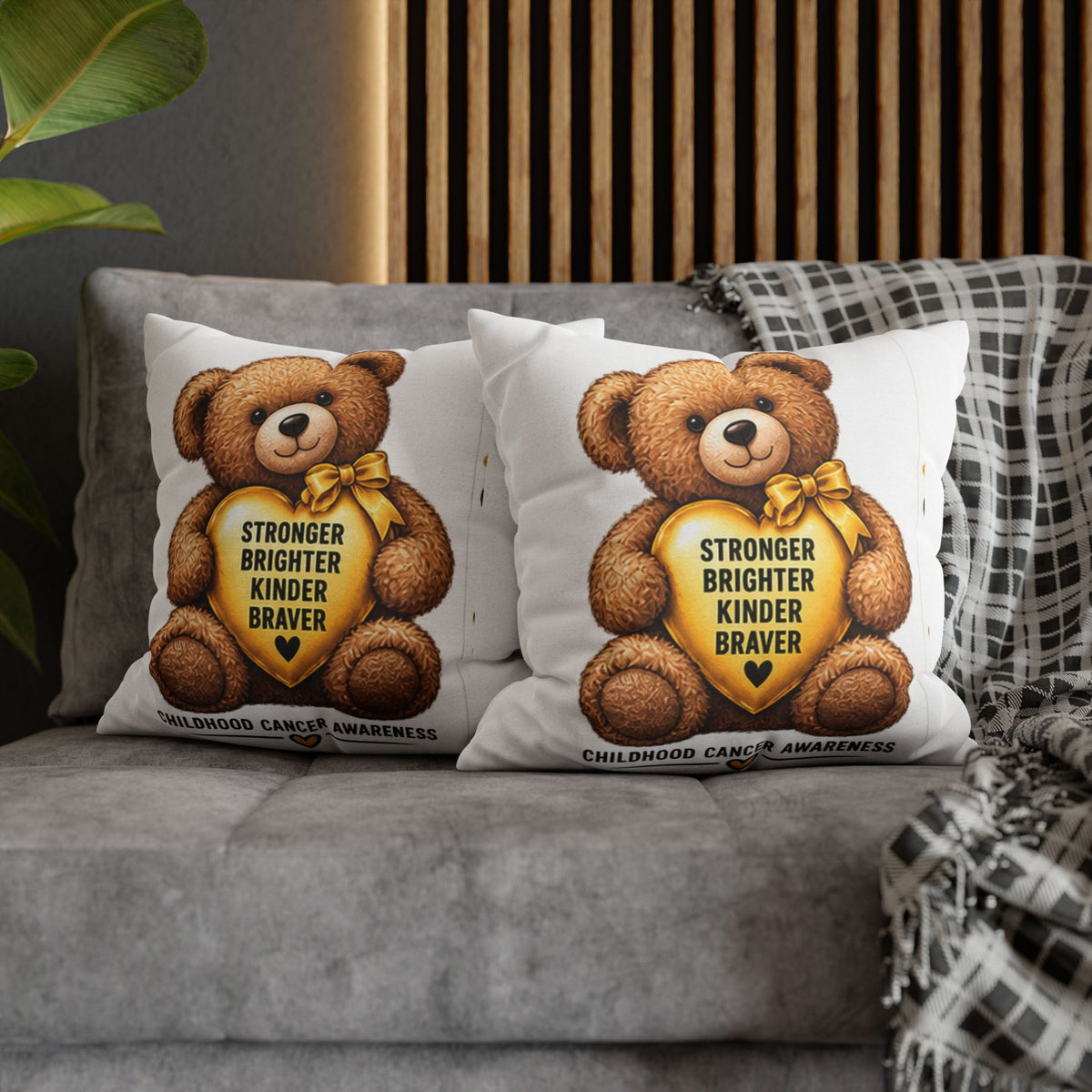 Childhood Cancer Awareness Bear Square Pillowcase – Stronger Brighter Kinder Braver