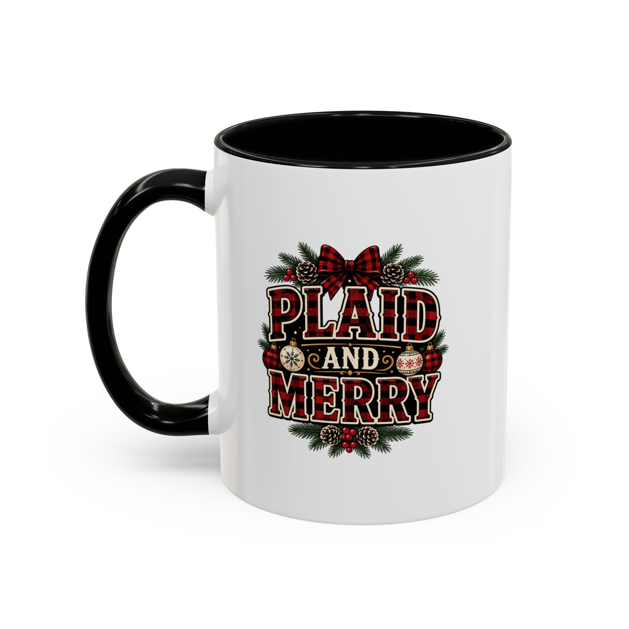 Plaid and Merry Accent Coffee Mug — Festive Buffalo Check Christmas Mug