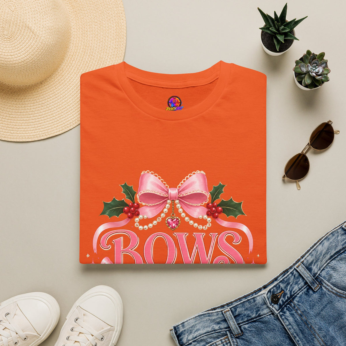 Bows and Mistletoe T-Shirt — Pink Holiday Bow Christmas Tee