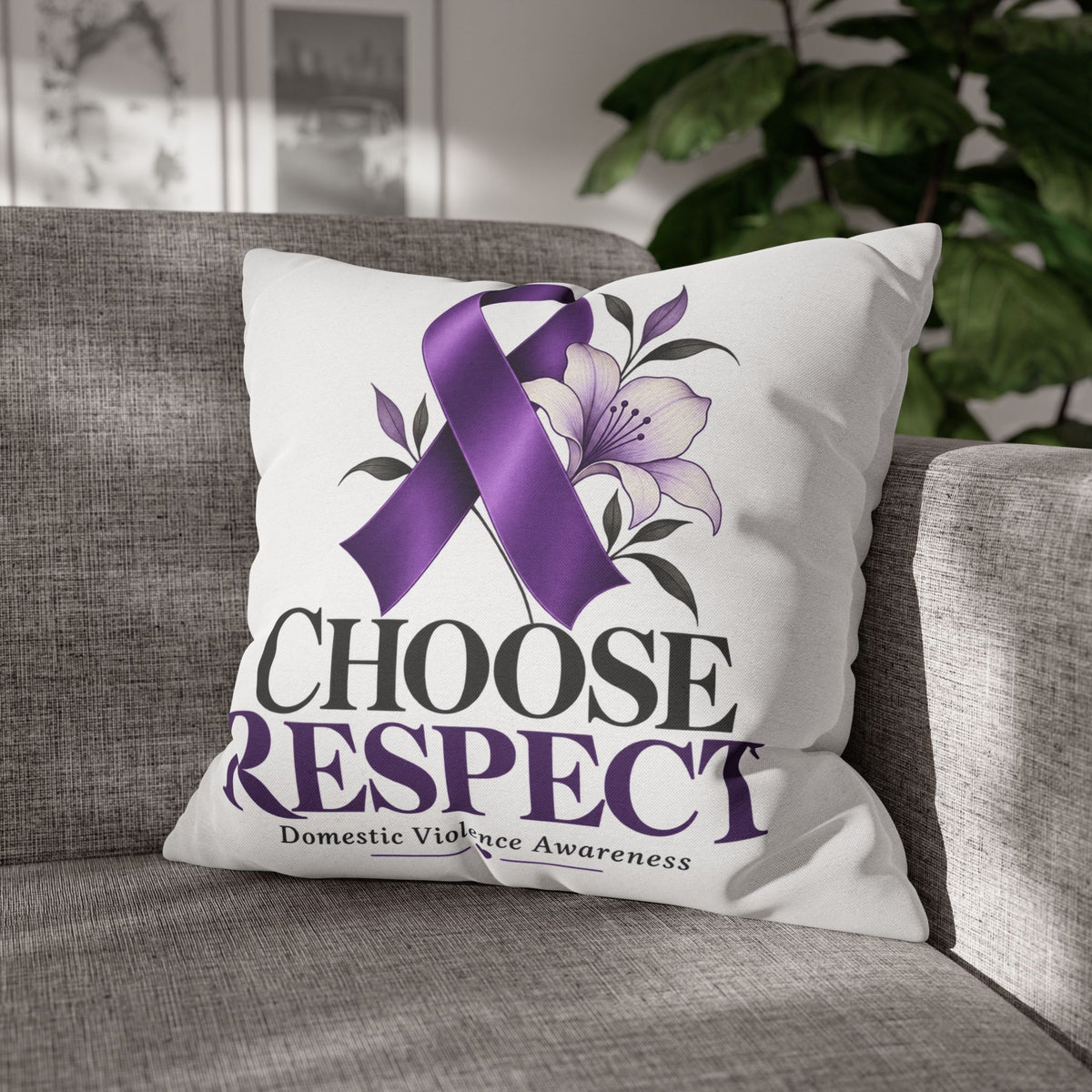 Choose Respect Purple Ribbon Pillowcase — Domestic Violence Awareness Decorative Throw Pillow