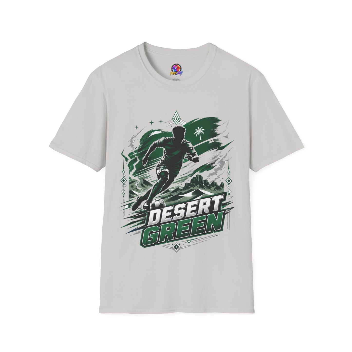 Saudi Arabia Desert Green Soccer T-Shirt — Silhouette Player Graphic
