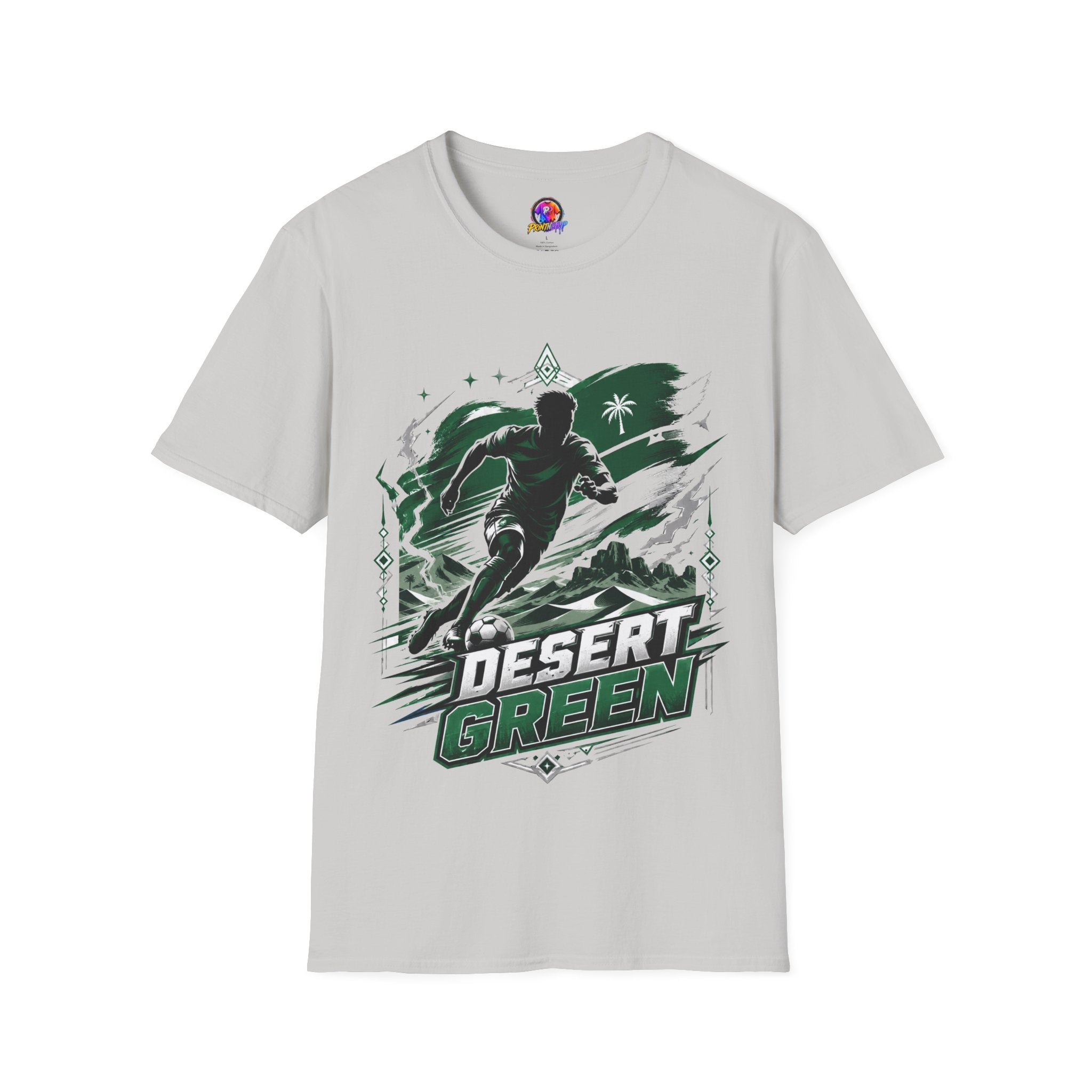 Saudi Arabia Desert Green Soccer T-Shirt — Silhouette Player Graphic