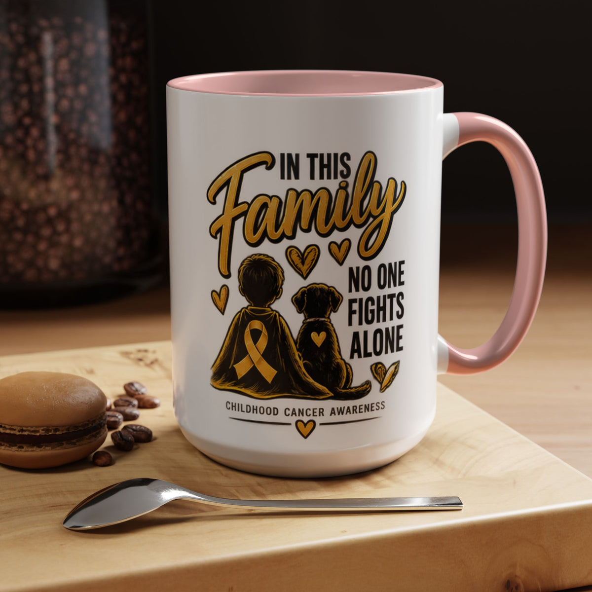 Childhood Cancer Awareness Accent Coffee Mug – "In This Family No One Fights Alone" (11/15oz)