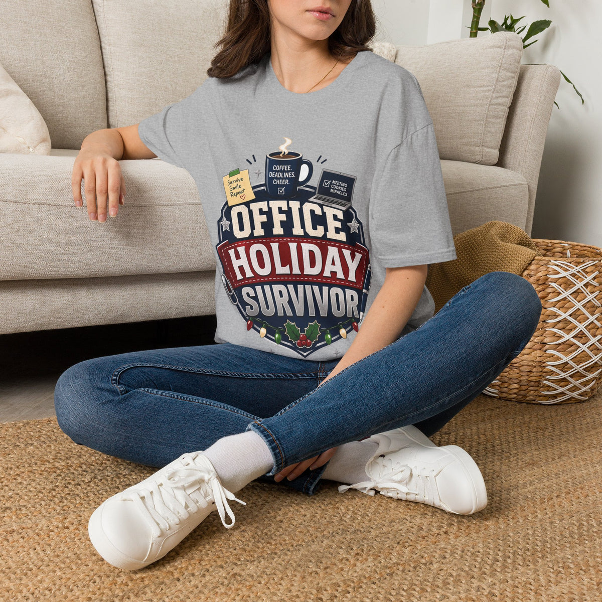 Office Holiday Survivor T-Shirt — Coffee, Deadlines & Cheer Work Shirt