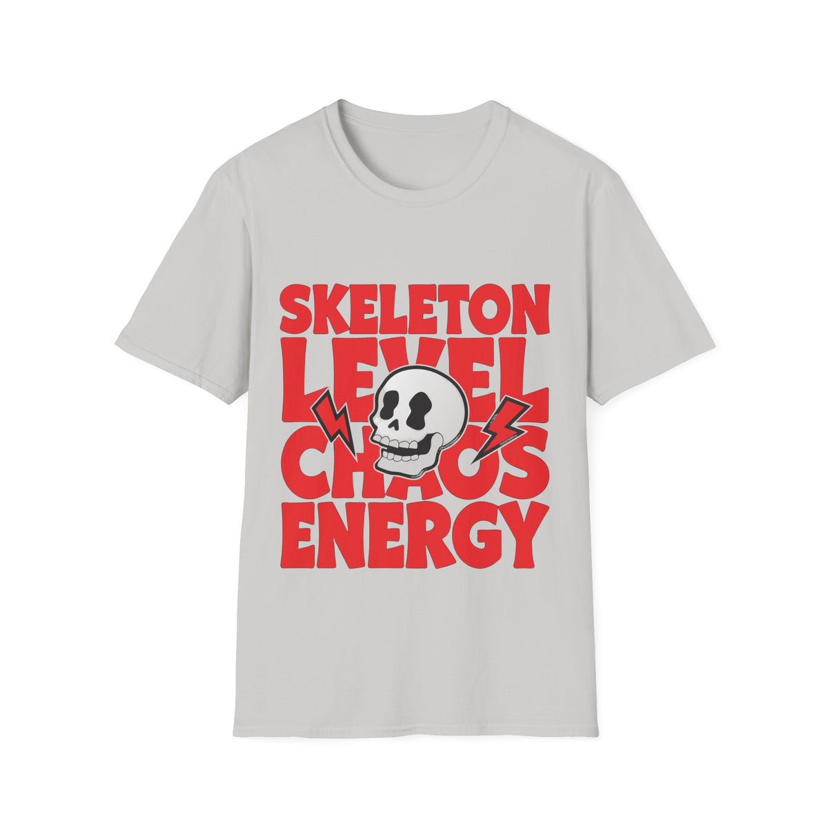 Skeleton Level Chaos Energy Red Block Tee - Bold Skull Lightning Graphic T-Shirt - Trending Now - September 2026