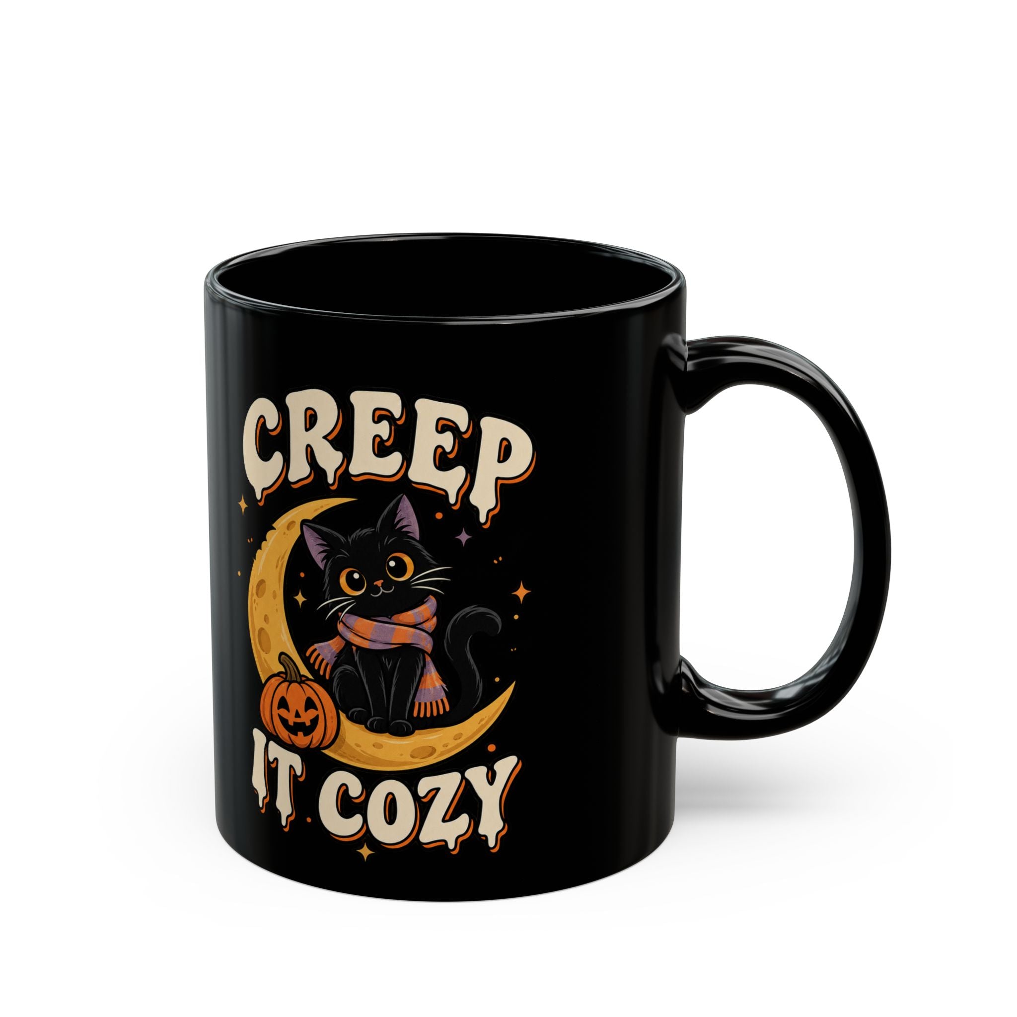 Creep It Cozy Black Mug — Halloween Cat Moon Coffee Cup (11oz & 15oz)