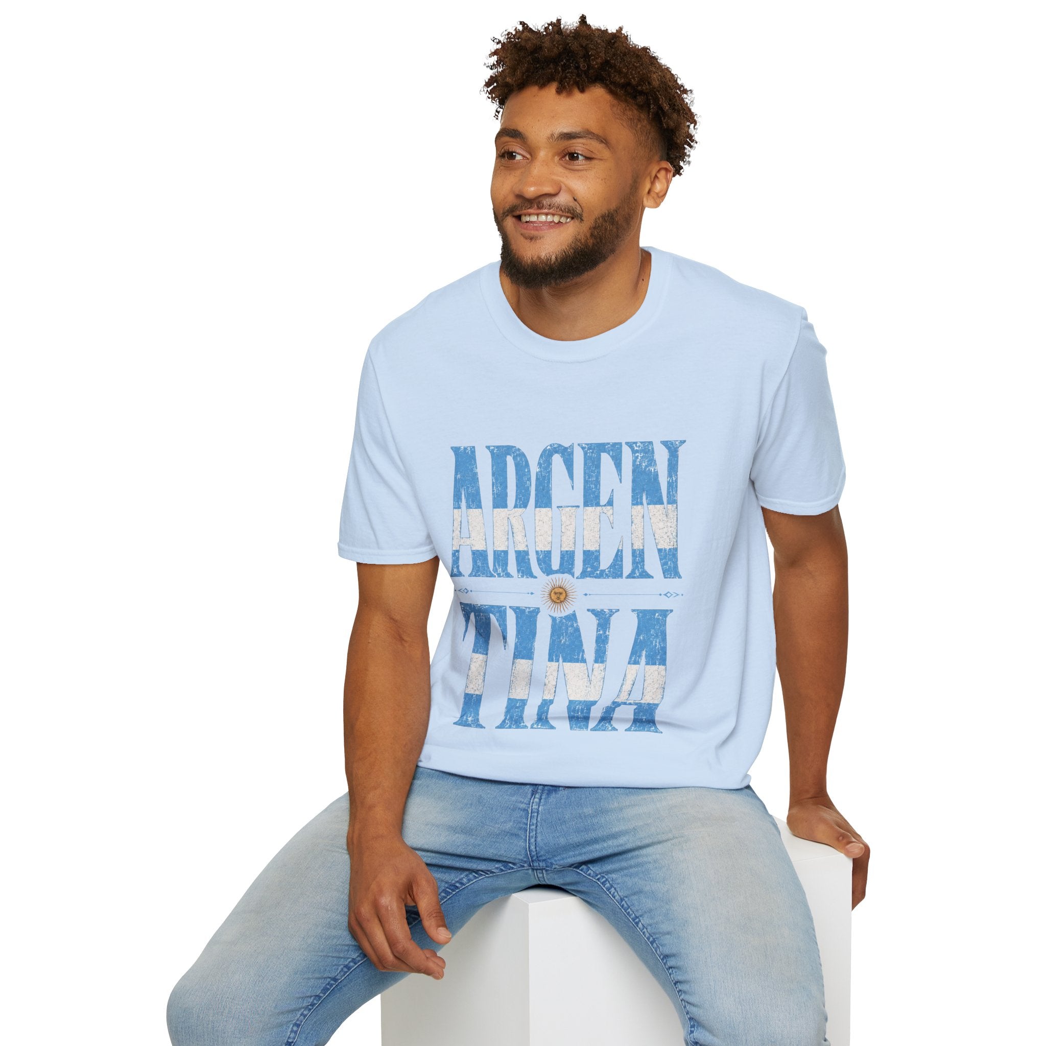 Argentina Flag Graphic T‑Shirt — Vintage Blue Distressed Typography
