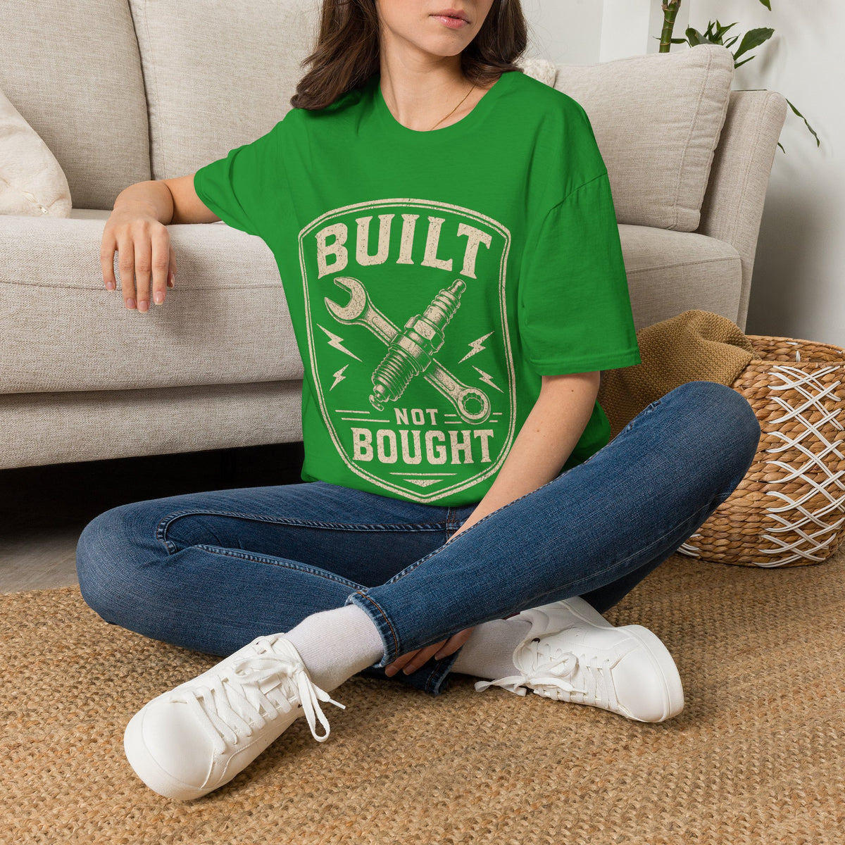 Built Not Bought T-Shirt — Vintage Mechanic Wrench & Spark Plug Design