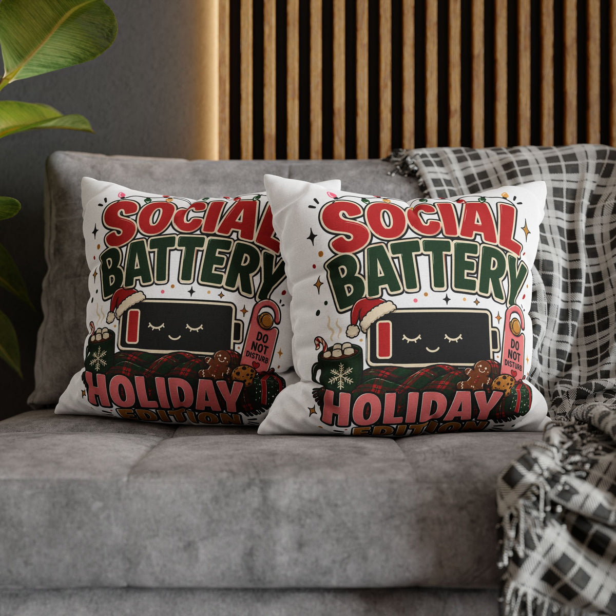 Social Battery Holiday Pillowcase  Modern Day Christmas — Cute Rechargeable Battery Christmas Throw Pillow Cover