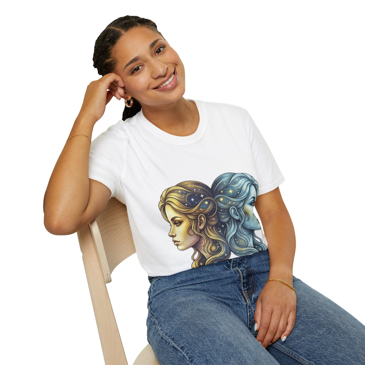 Zodiac Gemini Sun & Moon T-Shirt — Dual Faces Cosmic Design