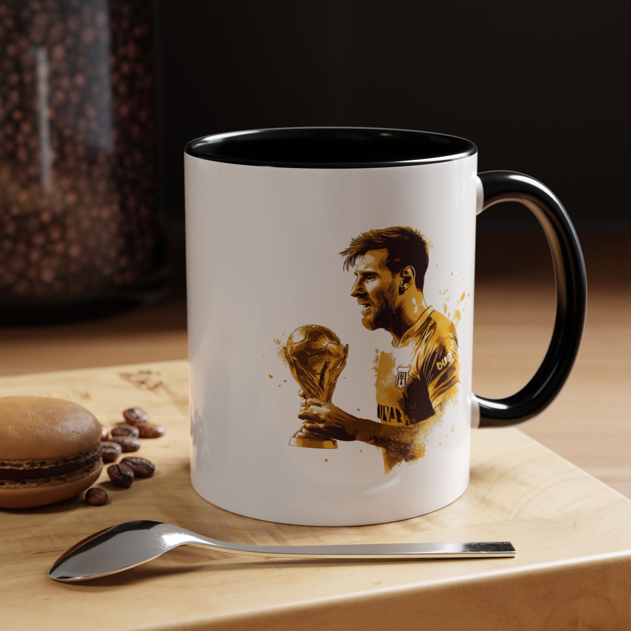 Soccer Legend Coffee Mug — Player Holding Trophy Accent Mug