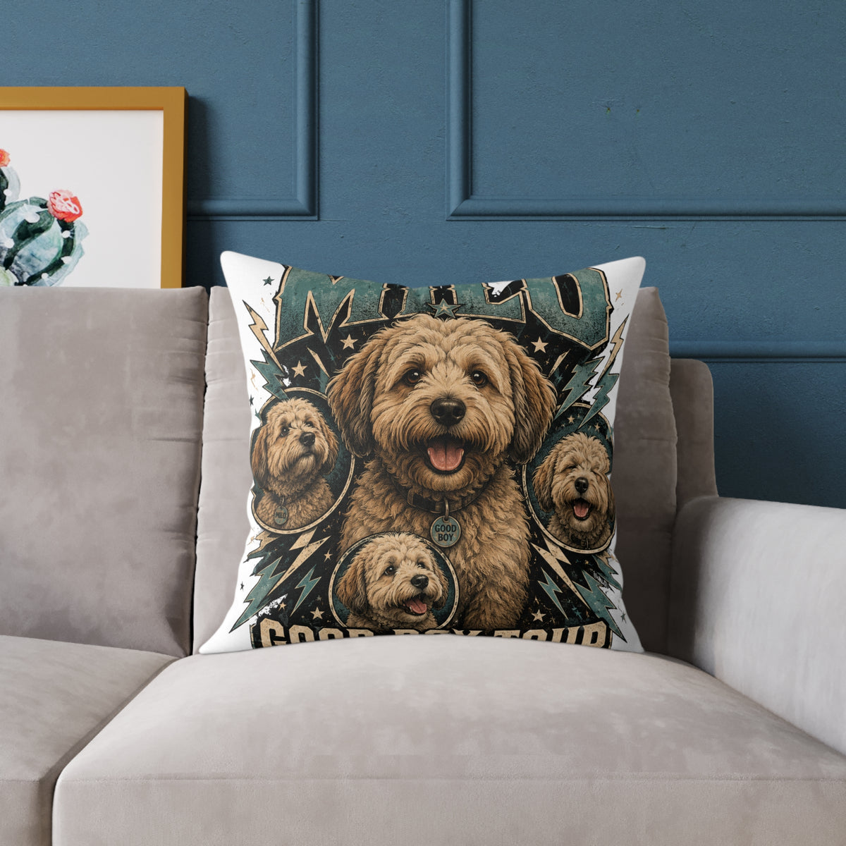 Milo Golden Doodle Band Tour Square Pillow  Milo Bailey Dog Dad Mom— Retro Dog Portrait Decorative Throw