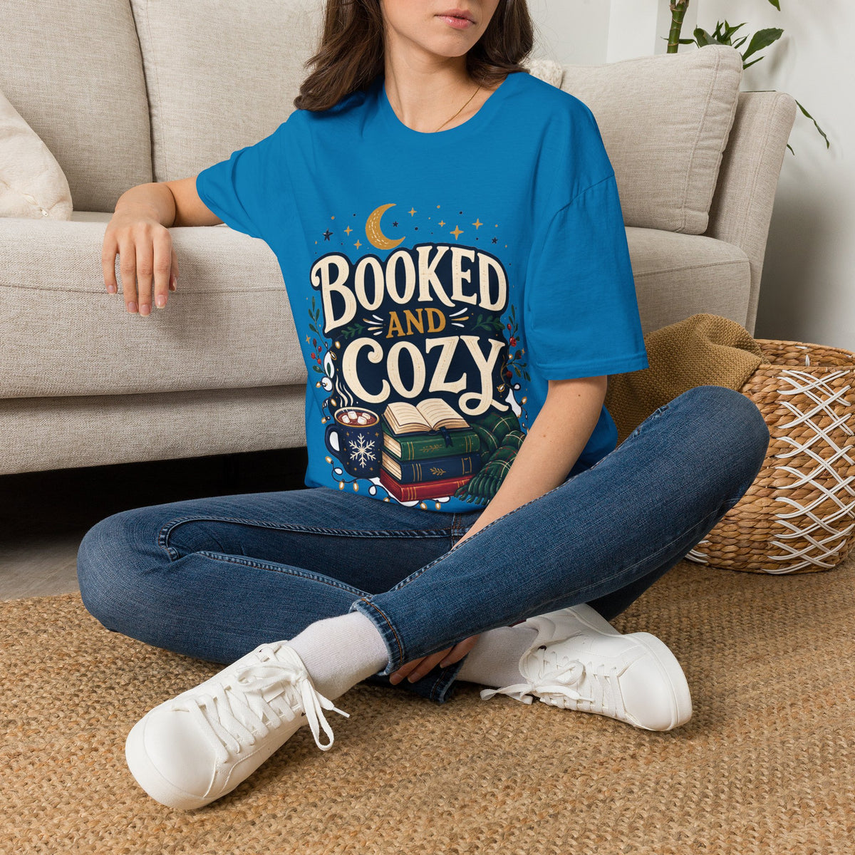 Booked and Cozy T-Shirt — Cozy Reading Graphic Tee (Books, Moon & Stars)