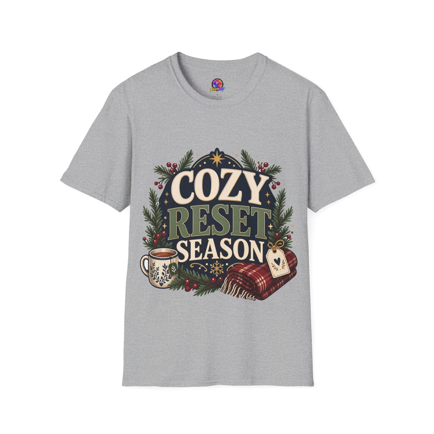 Cozy Reset Season T‑Shirt — Holiday Cozy Cabin Graphic Tee