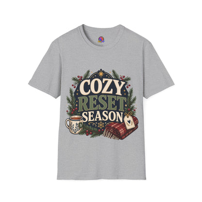 Cozy Reset Season T‑Shirt — Holiday Cozy Cabin Graphic Tee