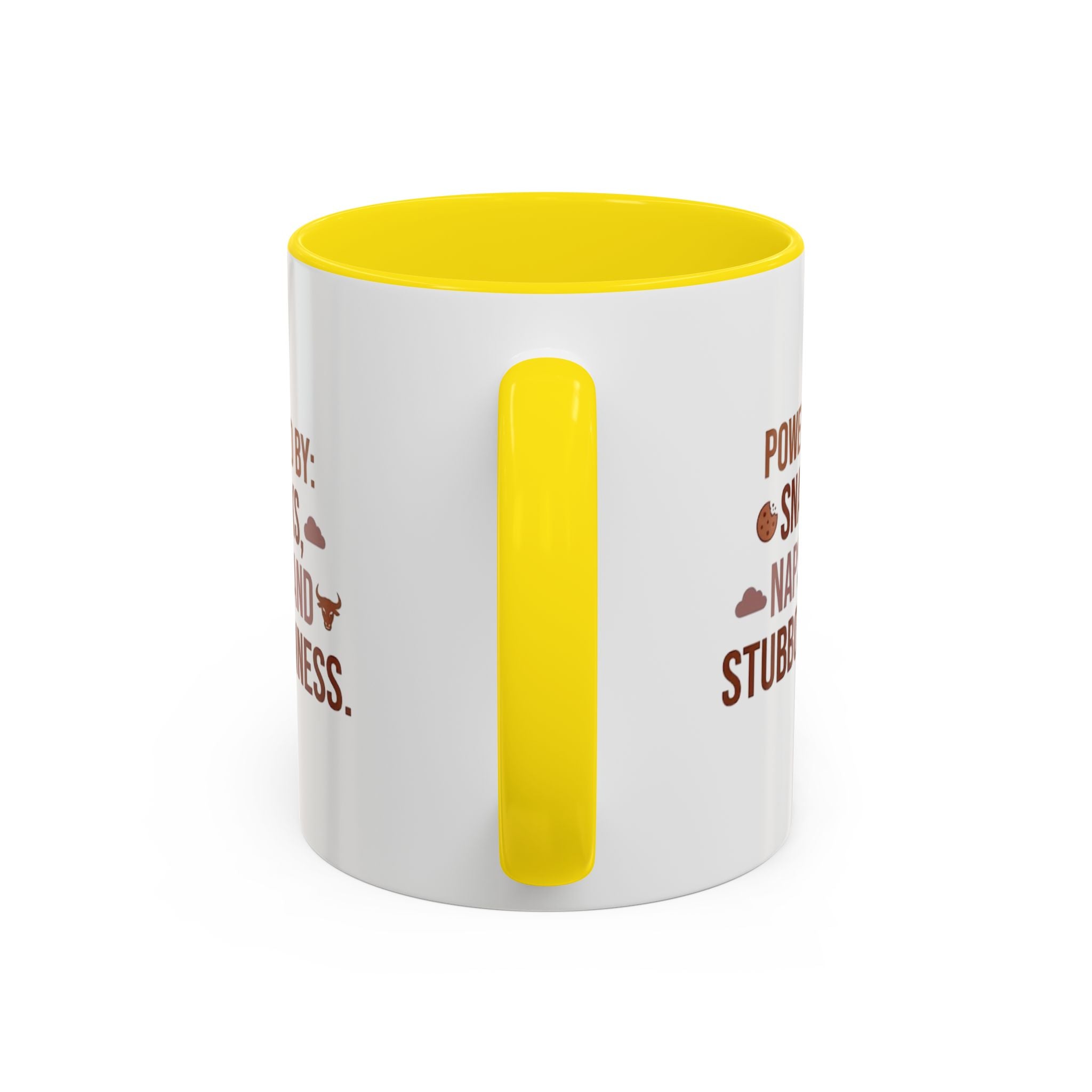 Coffee Mug — "Powered by: Snacks, Naps, and Stubbornness" Ceramic Accent Mug