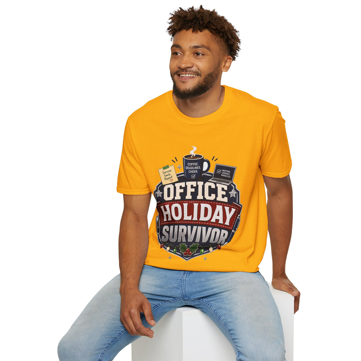 Office Holiday Survivor T-Shirt — Coffee, Deadlines & Cheer Work Shirt