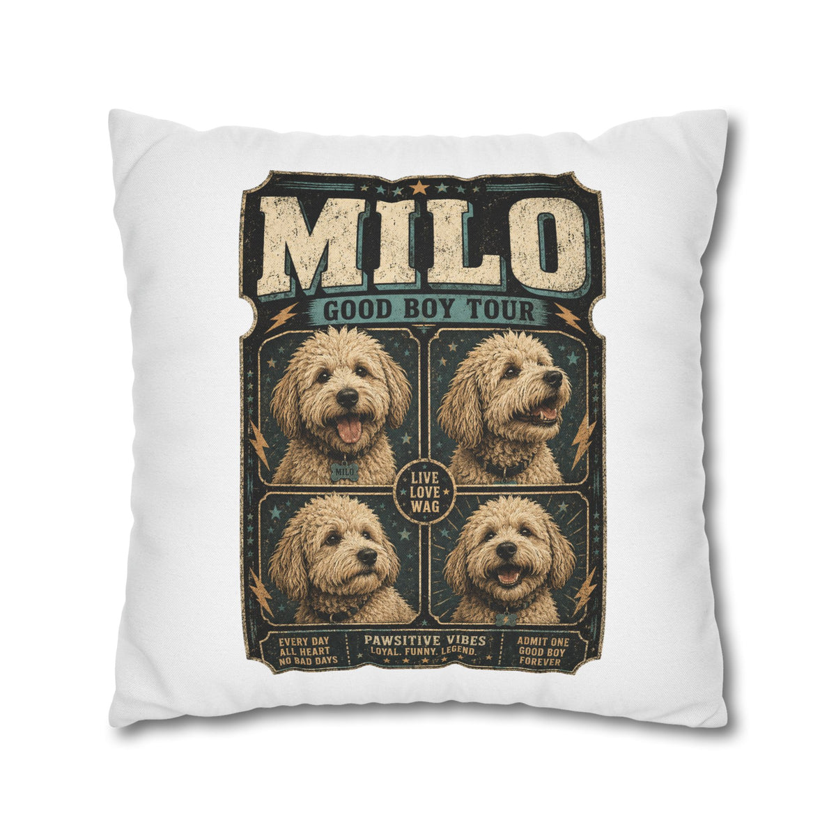 Milo "Good Boy Tour" Square Pillowcase — Cute Dog Portrait Decorative Pillowcase Milo Bailey Dog Dad Mom