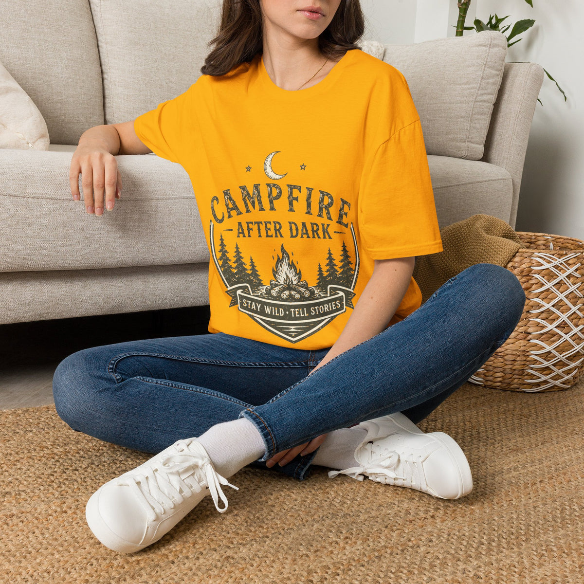 Campfire T-Shirt — "Campfire After Dark" Moonlit Camping Graphic