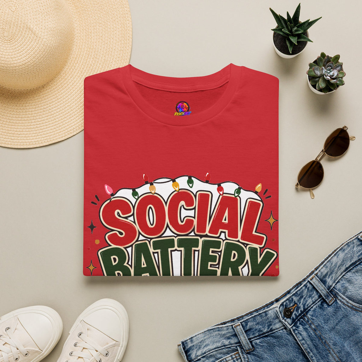 Social Battery Holiday T‑Shirt — Funny Christmas Recharge Graphic Tee