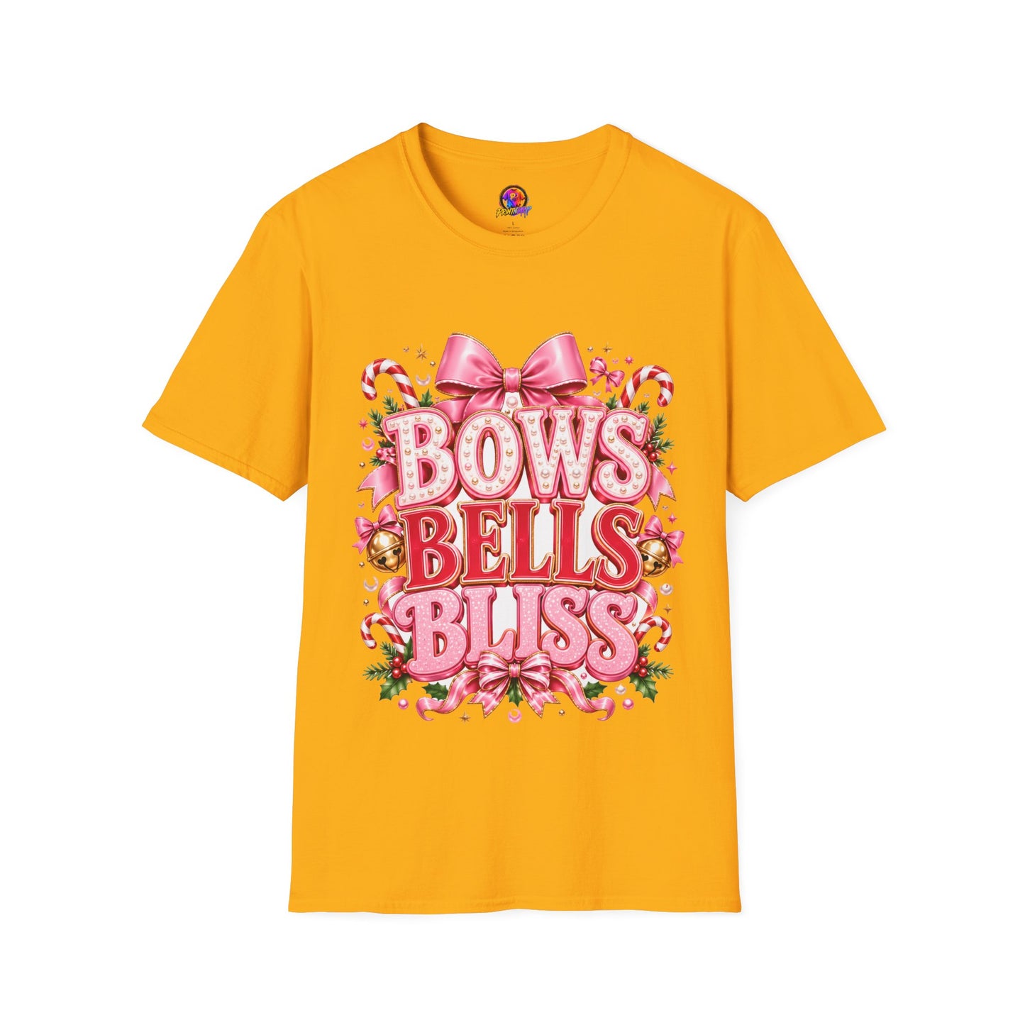 Bows Bells Bliss Christmas T‑Shirt — Pink Holiday Bow Graphic