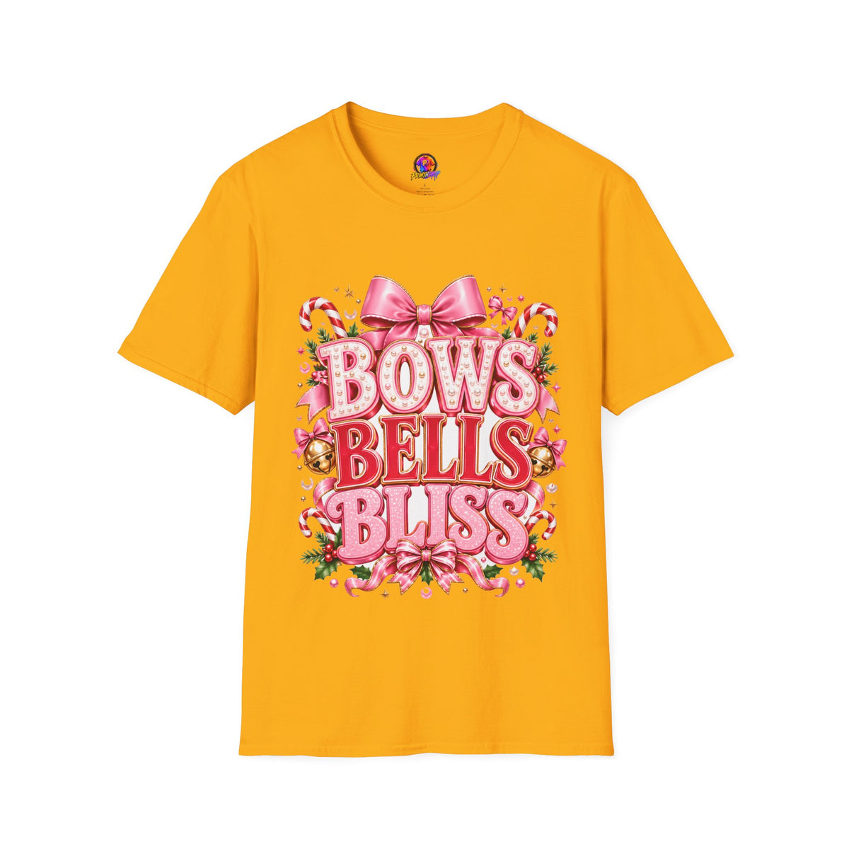 Bows Bells Bliss Christmas T‑Shirt — Pink Holiday Bow Graphic