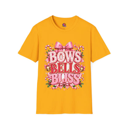 Bows Bells Bliss Christmas T‑Shirt — Pink Holiday Bow Graphic