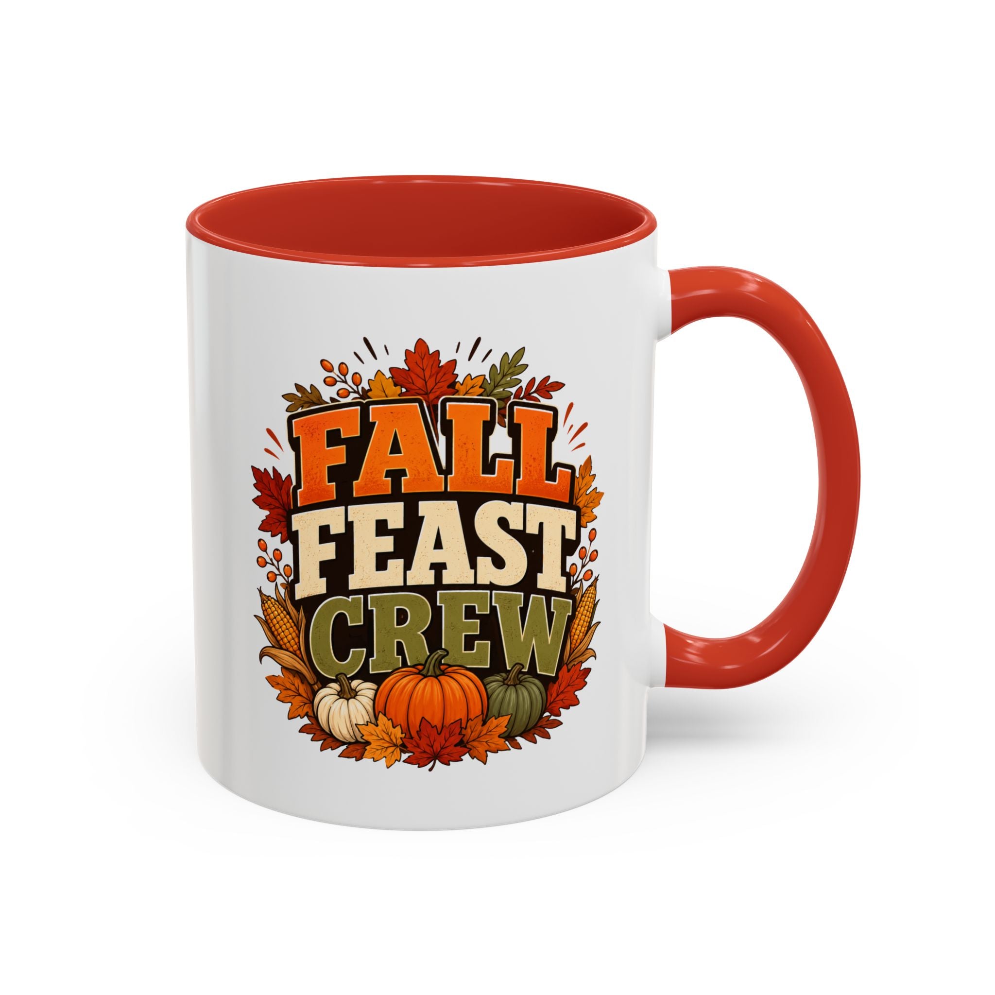 Thanksgiving Mug Fall Feast Crew Coffee Mug — Thanksgiving Pumpkin Autumn Leaves Accent Mug