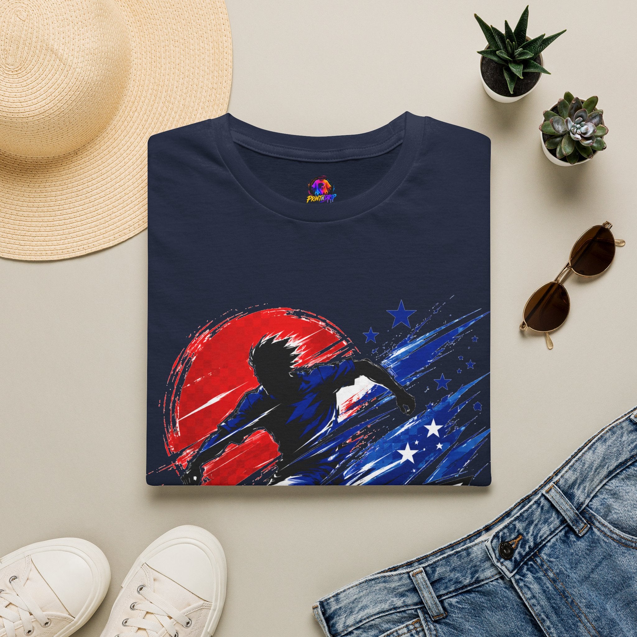 Japan T-Shirt — Blue Blade Soccer Graphic Tee (Red & Blue Starburst)