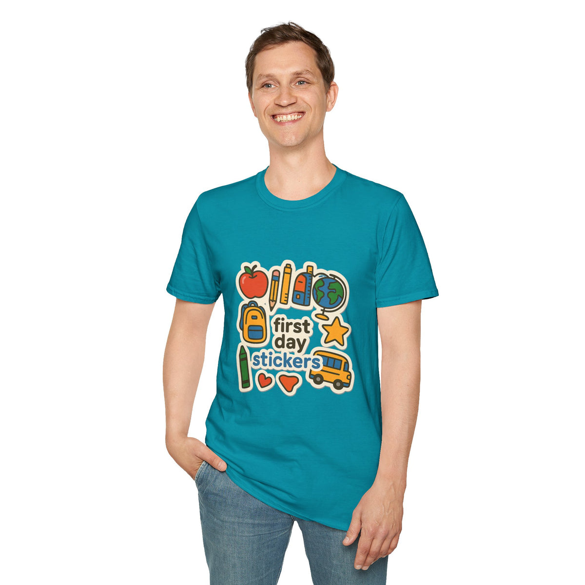 Teacher Sticker Icons T-Shirt — Cute Apple, Pencil & Globe School Tee - Trending Now - August 2026