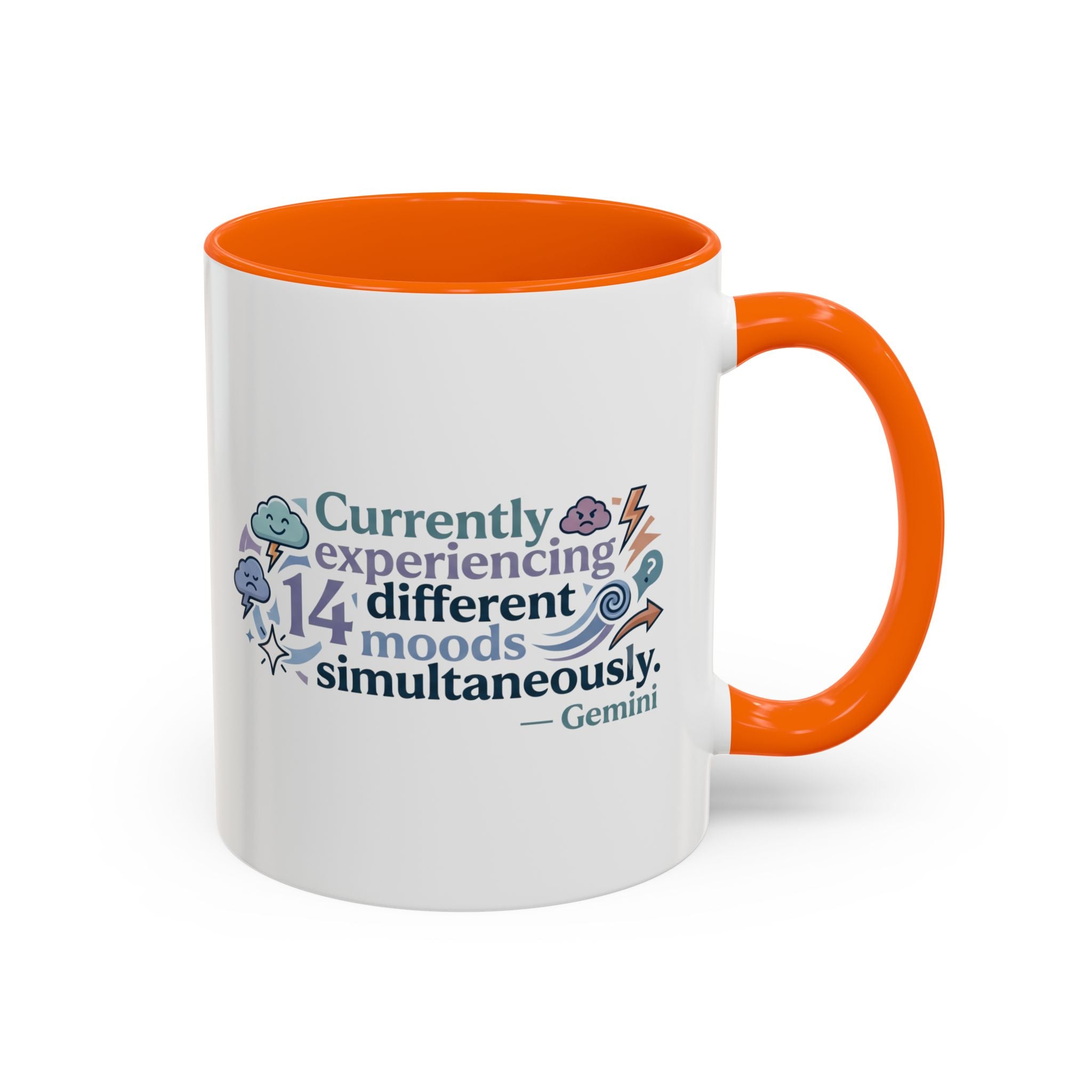 Gemini Mood Coffee Mug — "Currently Experiencing 14 Different Moods" Accent Ceramic Mug