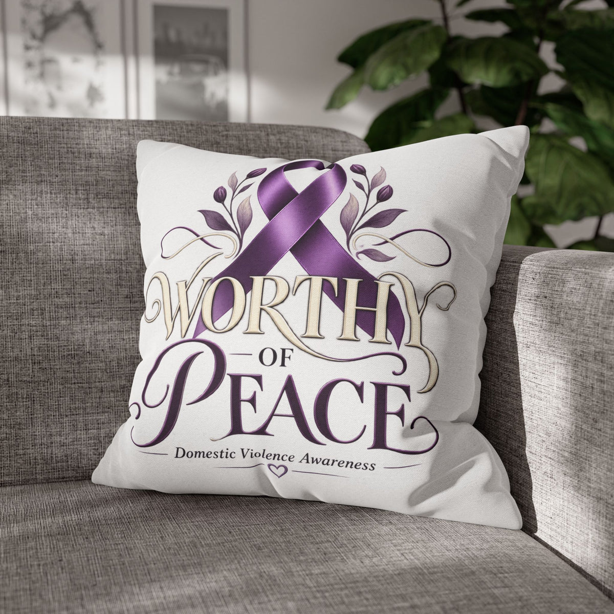 Worthy of Peace Purple Ribbon Pillowcase — Domestic Violence Awareness Throw Pillow