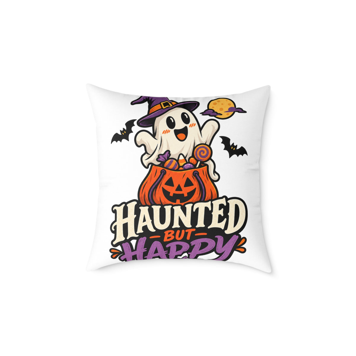 Halloween Ghost Pumpkin Pillow — "Haunted But Happy" Square Throw Pillow