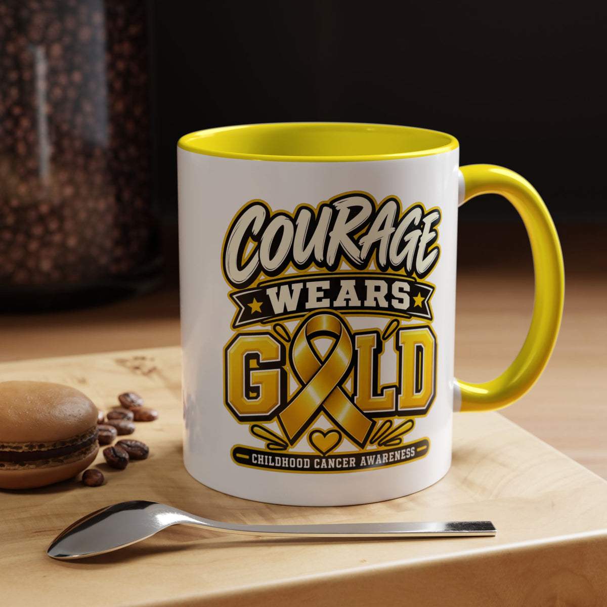 Courage Wears Gold Coffee Mug — Childhood Cancer Awareness Tea Cup