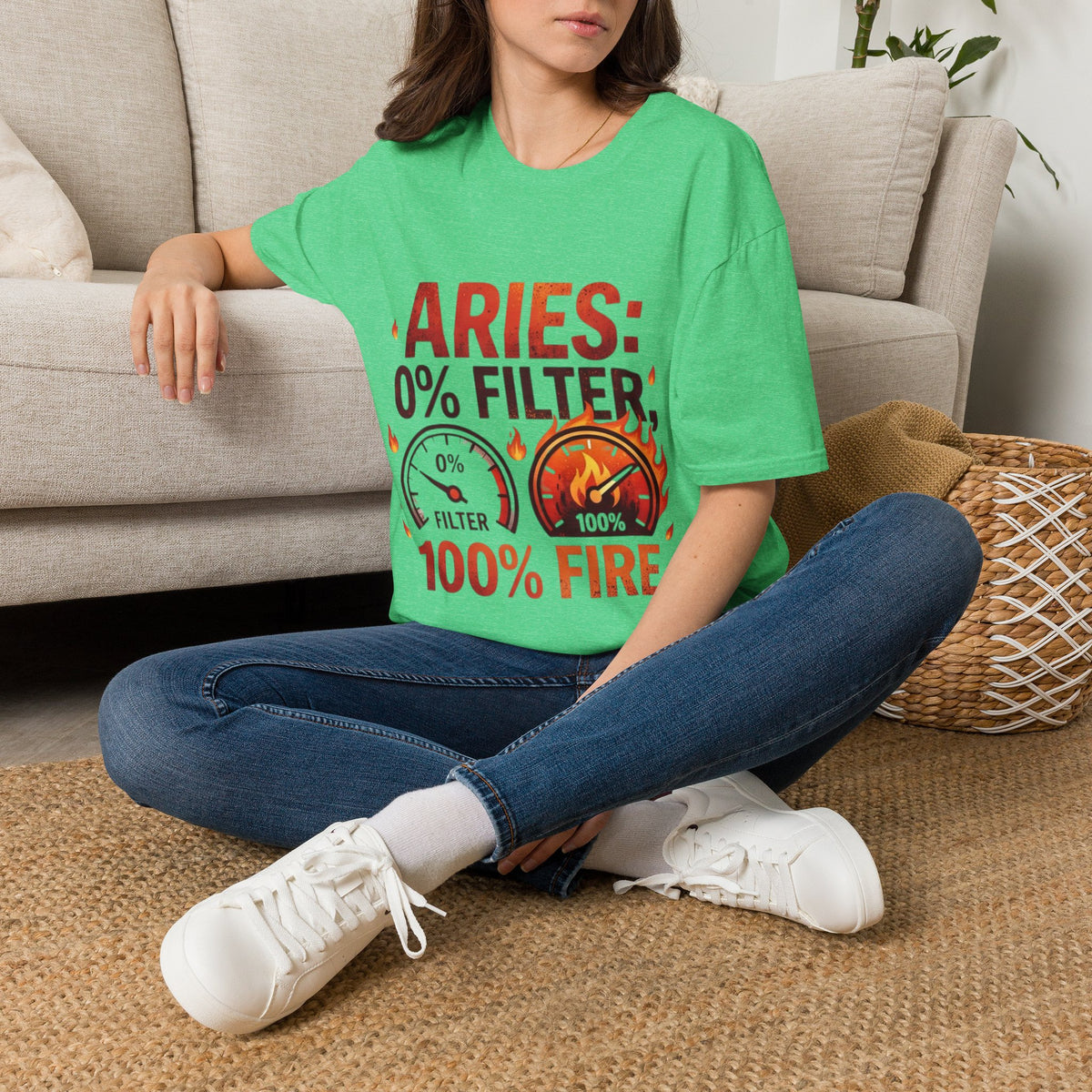 Aries T-Shirt — "Aries: 0% Filter, 100% Fire" Bold Zodiac Tee
