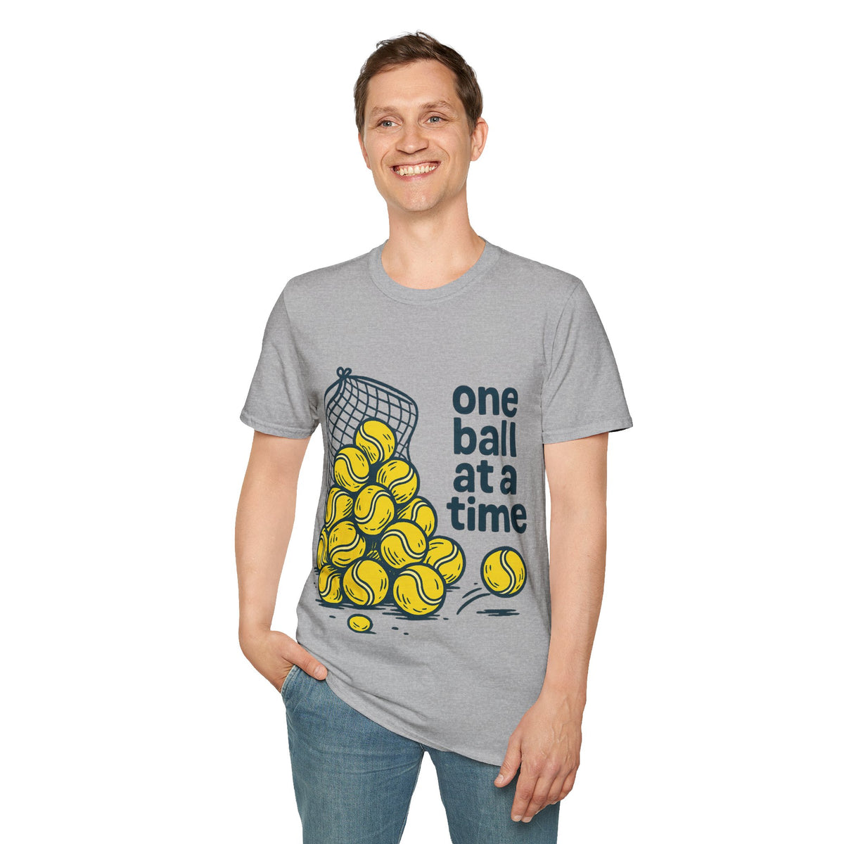 "One Ball At A Time" Retro Tennis Ball Basket Tee - Aesthetic Mindfulness Sports White T-Shirt - Trending Now - September 2026