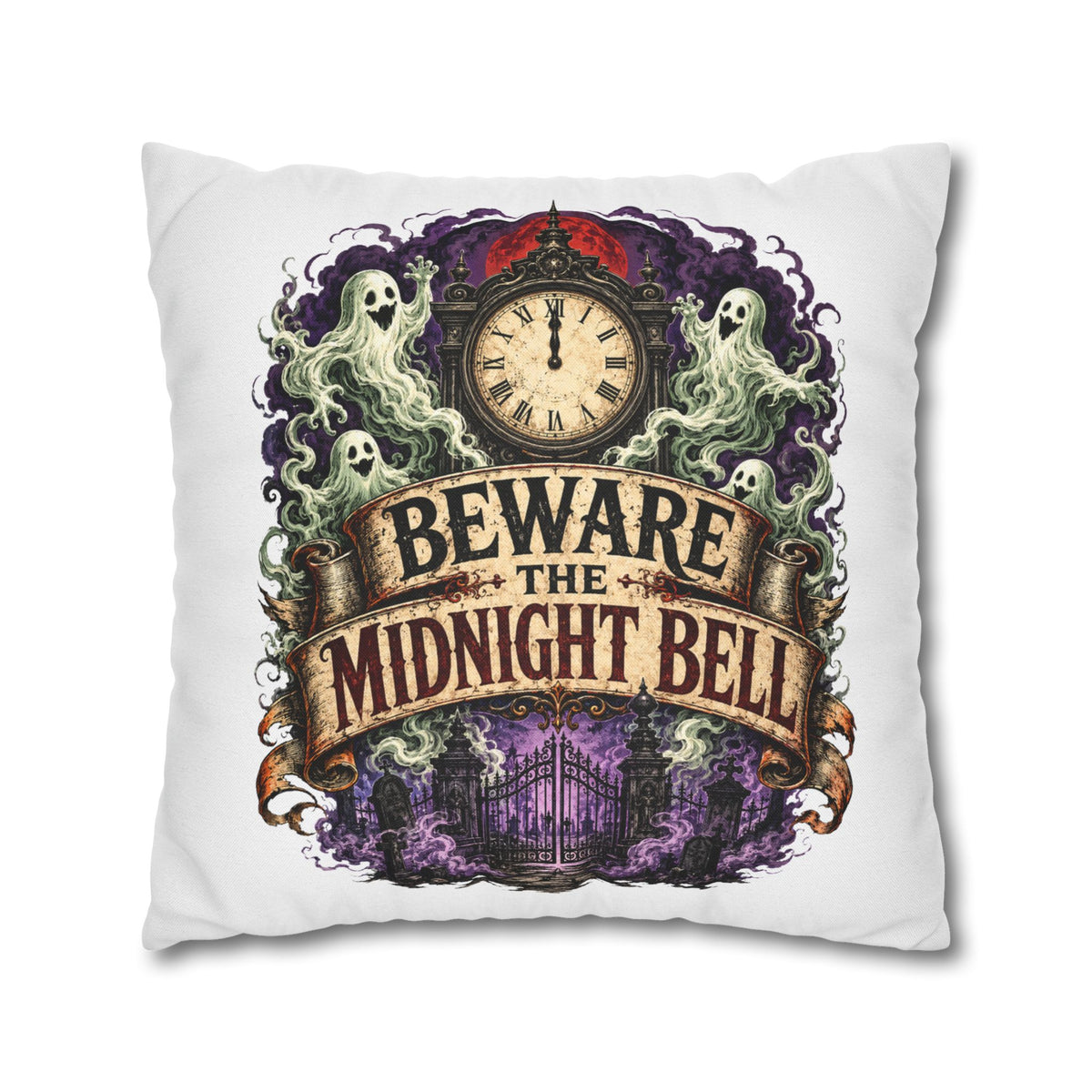Halloween Beware the Midnight Bell Pillowcase — Haunted Clock & Ghosts Decorative Throw Pillow
