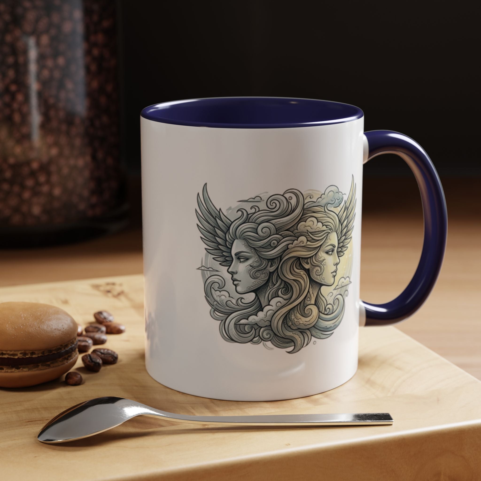 Gemini Twins Accent Coffee Mug — Sun & Moon Winged Faces Illustration