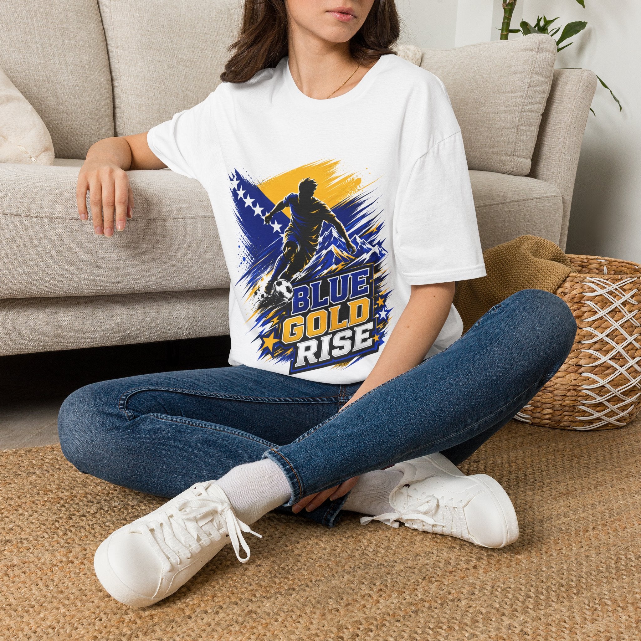 Bosnia Football T‑Shirt - "Blue Gold Rise" Soccer Graphic Tee