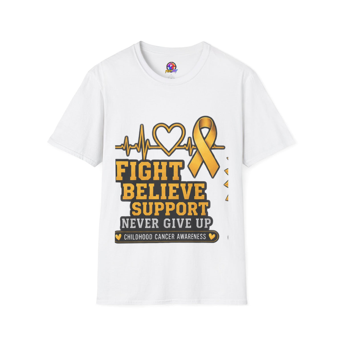 Childhood Cancer Awareness T-Shirt – "Fight Believe Support Never Give Up" Gold Ribbon Tee