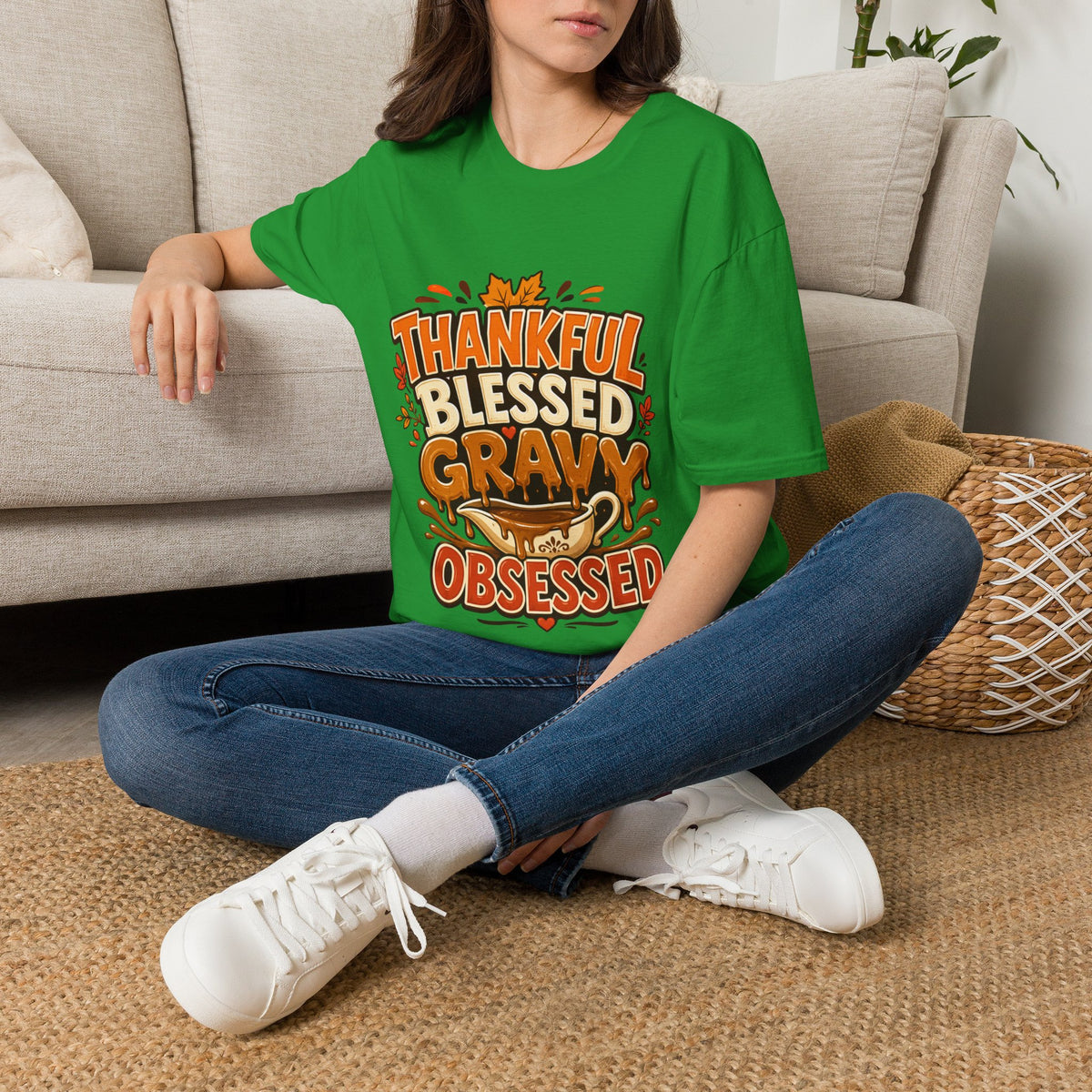 Thanksgiving T-shirt Thankful Blessed Gravy Obsessed T-Shirt — Thanksgiving Fall Turkey Dinner Tee