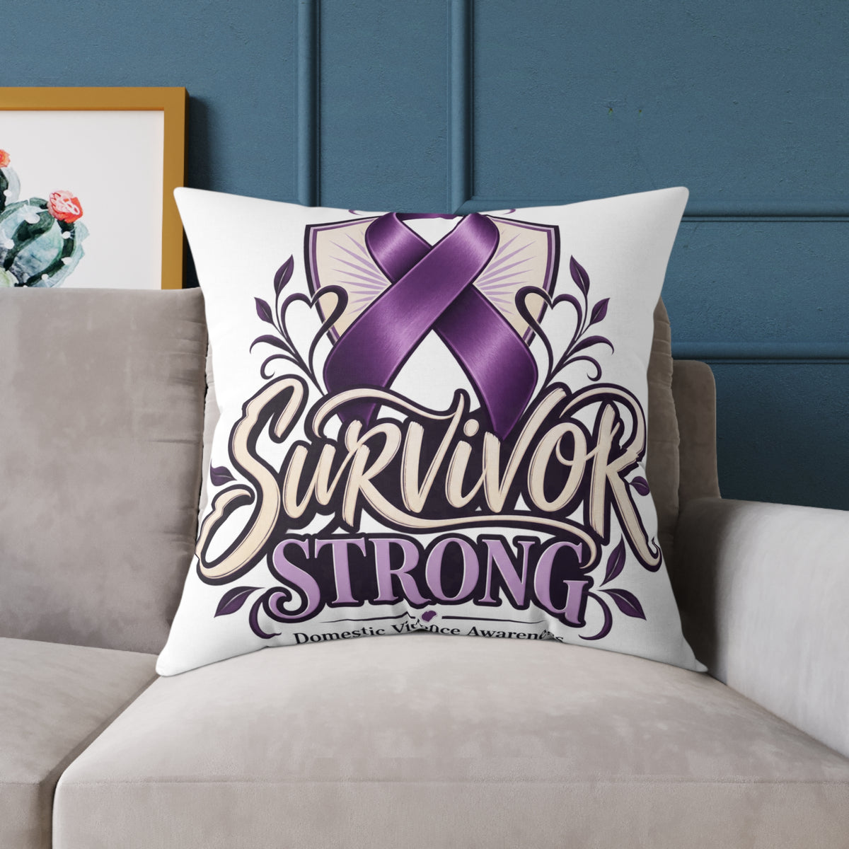 Survivor Strong Purple Ribbon Square Pillow — Domestic Violence Awareness Support Home Decor