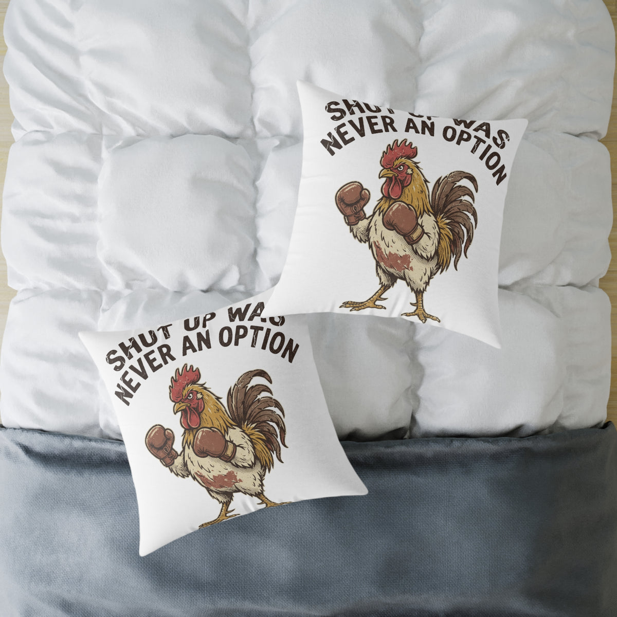 Rooster Boxing Pillow — Funny "Shut Up" Funny Farm Animal Throw Pillow