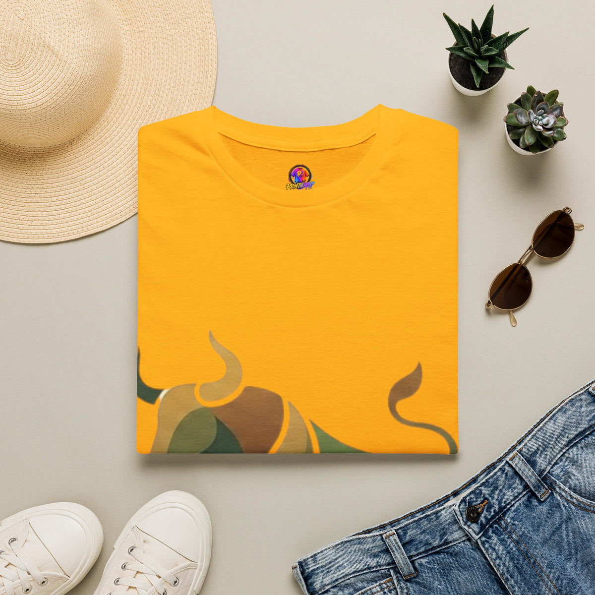 Bull Graphic T-Shirt — Earth Tone Geometric Taurus Design