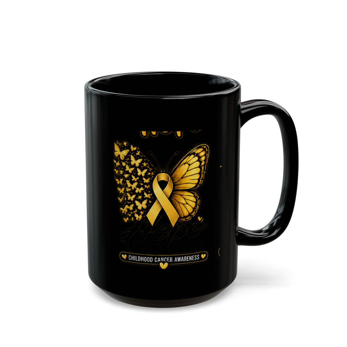 Childhood Cancer Awareness Mug — Gold Ribbon Butterfly Black Coffee Cup (11oz, 15oz)