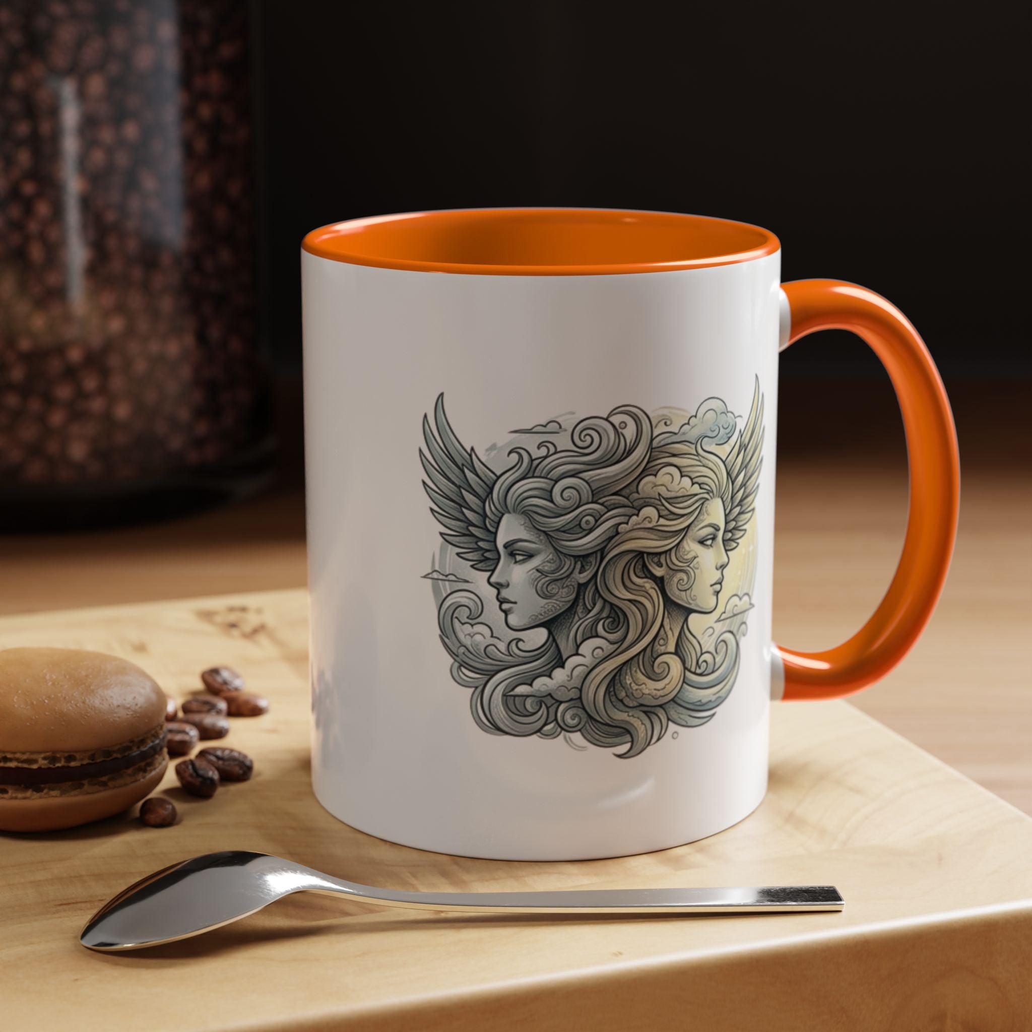 Gemini Twins Accent Coffee Mug — Sun & Moon Winged Faces Illustration