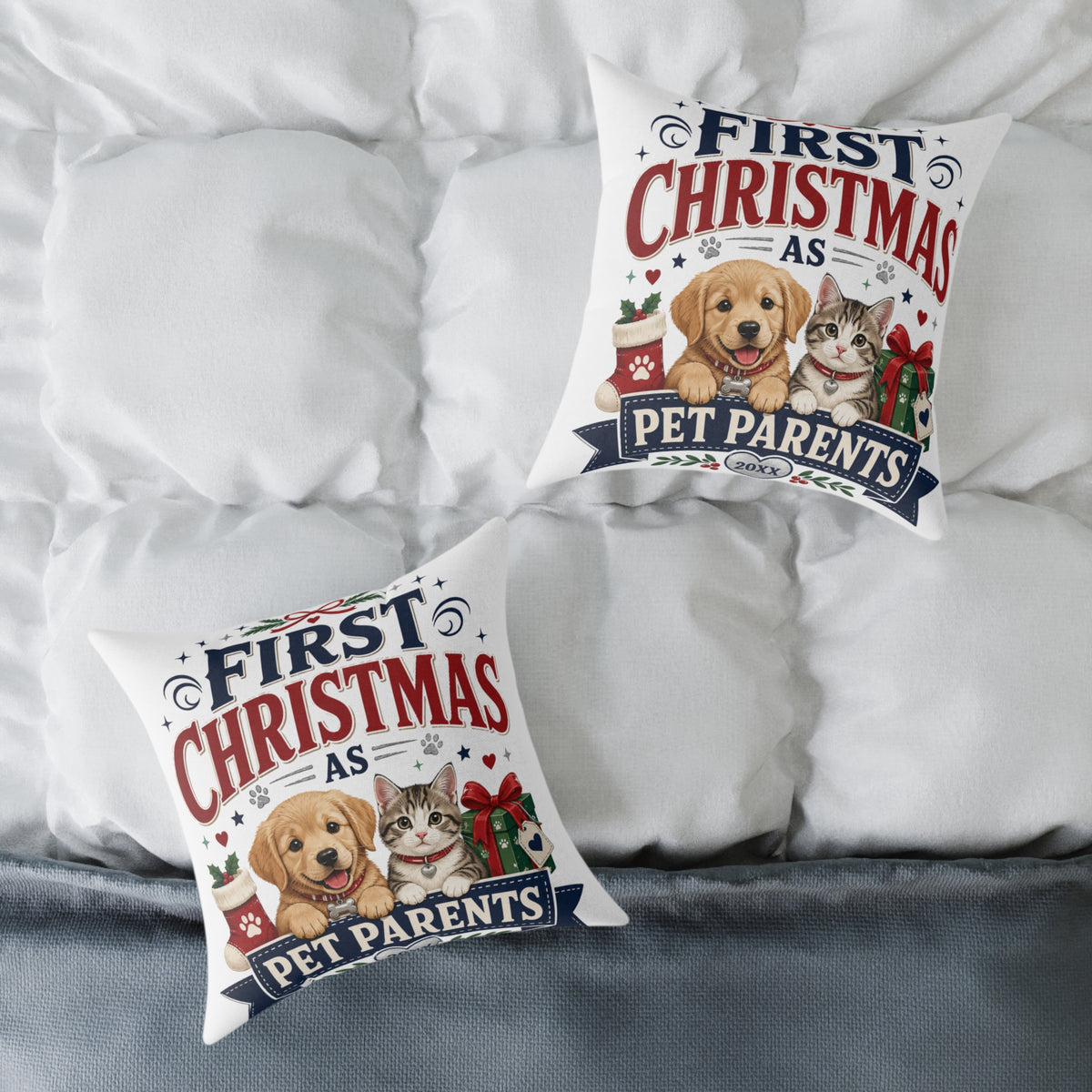 Christmas Square Pillow — "First Christmas as Pet Parents" Holiday Throw Pillow (Dog & Cat)